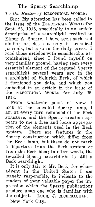 Letter to the editor of Louis Auerbacher, 12.9.1916 in the <i>Electrical World