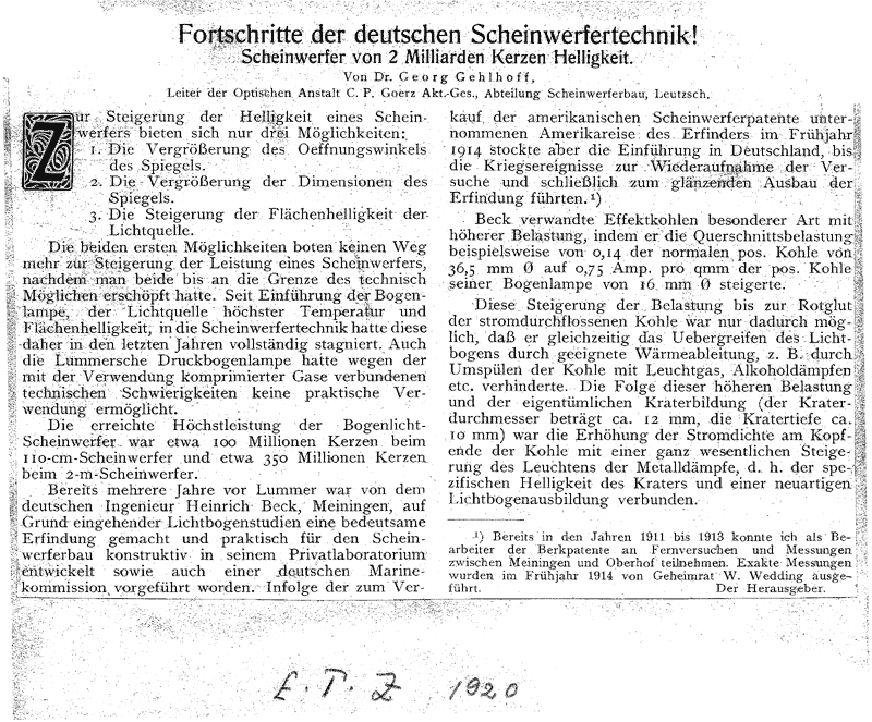 E.T.Z. (1920): : Progress in the German Searchlight Technique!