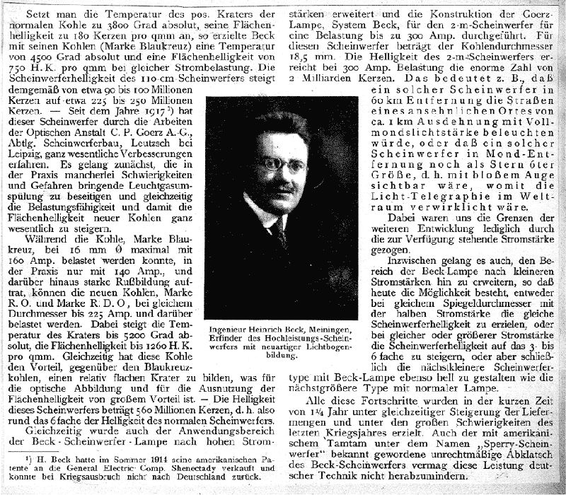 E.T.Z. (1920): Progress in the German Searchlight Technique!