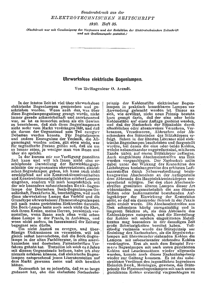 Becklampe, ETZ 1910 - 1