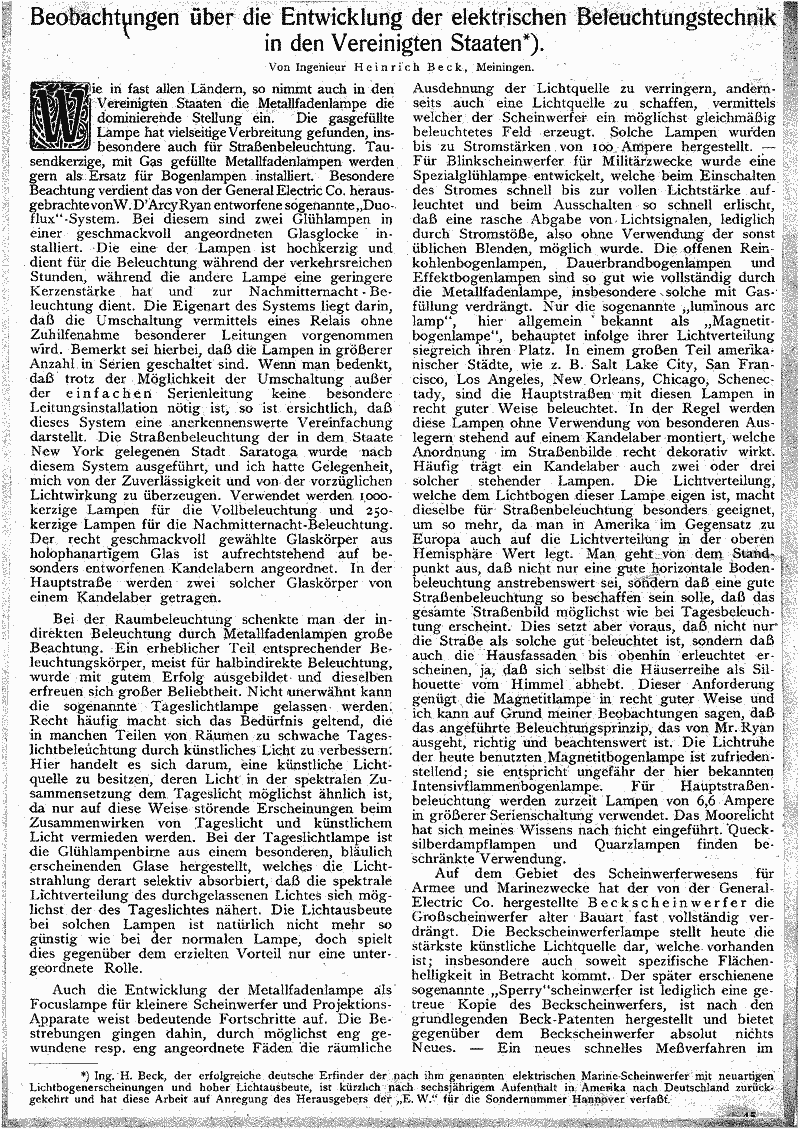 Beobachtungen ber die Entwicklung der elektrischen Beleuchtungstechnik in den Vereinigten Staaten