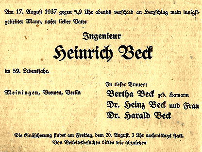 Todesanzeige Heinrich Beck